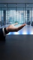 Businessman hand presenting holographic compliance and regulatory framework documents with legal icons in modern office environment for corporate governance.