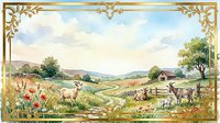 Pastoral countryside landscape with grazing livestock, wildflower meadow, and ornate golden frame border. Suitable for home decor, vintage prints, and nostalgic design projects.