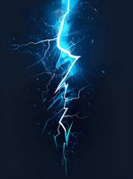 Bright blue lightning bolt with glowing electric branches against dark background, dramatic atmospheric effect with scattered light and energy discharge pattern.