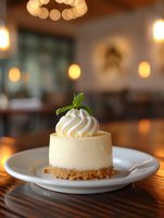 Mini cheesecake with whipped cream topping and fresh mint leaf garnish on white plate, set against warm restaurant lighting and bokeh background.