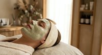 Young woman relaxing with green clay facial mask at luxury spa salon. Professional skincare treatment for healthy glowing skin and wellness routine.