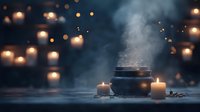 Mystical cauldron with rising steam surrounded by glowing candles in dark atmospheric setting, creating magical ambiance for witchcraft or spiritual rituals.