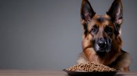 Portrait of German Shepherd dog lying near bowl of dry kibble food on wooden surface against dark gray background, focused attentive expression.