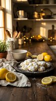 Homemade lemon crinkle cookies with powdered sugar on rustic kitchen counter with fresh lemons and warm lighting for cozy baking atmosphere.