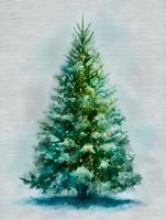 Watercolor evergreen pine tree with glowing golden lights against soft blue background, perfect for holiday season designs.
