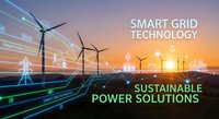 Smart grid technology concept with wind turbines and digital network connections at sunset showcasing sustainable renewable energy infrastructure solutions.