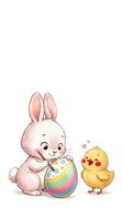 Adorable pink bunny rabbit holding colorful Easter egg with happy yellow chick on white background isolated for spring holiday designs and greeting cards.