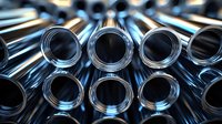 Shiny metal pipes or tubes arranged in rows creating industrial pattern with circular openings. Close up view shows metallic texture and reflective surface.