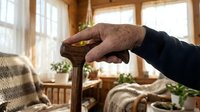 Senior man with weathered hands holding wooden cane in bright living room with natural light, representing aging, mobility assistance, and elderly care for healthcare and wellness content.