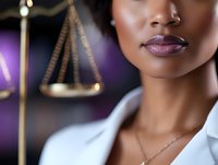 Close-up of African American female lawyer with purple lipstick and professional attire, scales of justice in background creating powerful legal composition.