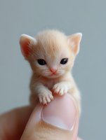 Tiny cream-colored newborn kitten sitting on finger tip against soft gray background, showcasing extreme miniature size and delicate features for pet and animal content.