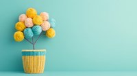 Colorful yarn balls arranged as balloon bouquet in woven yellow basket against mint green background, creative crafting concept for knitting and crochet projects.