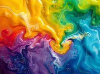 Vibrant fluid art with swirling rainbow colors of red, purple, yellow, green, and blue creating an abstract marbled pattern for creative backgrounds.