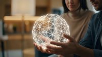 Two professionals examining glowing geometric network sphere representing digital connectivity, data analysis, and modern technology solutions for business innovation.