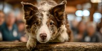 Adorable brown and white border collie puppy resting paws on wooden surface with blurred cafe background. Pet portrait for veterinary and animal care marketing.