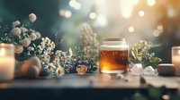 Aromatic herbal tea with honey in glass cup surrounded by dried flowers, crystals and candles on wooden surface with soft bokeh lights and cozy atmosphere.