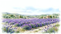 Watercolor lavender field landscape with purple blooming rows, farmhouse, cypress trees, and rolling hills under a soft sky.