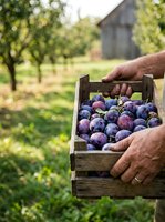 Farmer holding wooden crate filled with fresh ripe grapes harvested from vineyard orchard during autumn season for agriculture and farming use.