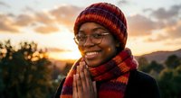 Young African American woman in warm knit hat and scarf smiling outdoors during golden hour sunset with hands in prayer position expressing gratitude and joy.