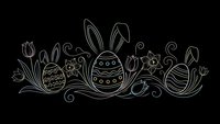 Easter bunny ears and decorated eggs with spring flowers in elegant line art style on black background for holiday greeting cards and decorations.