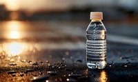 Clear plastic water bottle on wet ground at sunset with golden bokeh reflections and copy space for hydration and refreshment concepts.