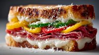 Grilled sandwich with melted cheese, salami, peppers and herbs on artisan bread. Close-up food photography for restaurant menus and culinary advertising.