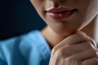 Cropped close-up of a woman with fair skin and burgundy lipstick, wearing a light blue garment, touching her shoulder against a dark blue background. Suitable for beauty, skincare, cosmetics, and wellness marketing.