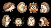 Hedgehog character collection with autumn leaves and floral elements, isolated on transparent background. Ready for t-shirt design, clipart, stickers, print-on-demand products, and sublimation projects.