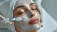 Professional spa facial treatment with white clay mask application for skincare and beauty wellness routine.