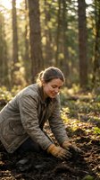 Young woman with dark hair, Caucasian ethnicity, wearing work gloves and casual outdoor clothing, planting seedlings in forest soil during golden hour sunlight filtering through tall trees.