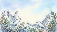 Pair of white doves flying among botanical foliage and branches, symbolizing peace, love, and harmony. Watercolor illustration suitable for wedding invitations, greeting cards, and peaceful design projects.