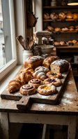 Artisan bakery display with fresh croissants, pastries and bread on wooden cutting board in rustic kitchen with natural window light and flour dusting.