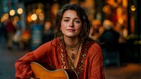 Young woman with curly hair playing acoustic guitar on city street at night with warm bokeh lights creating atmospheric urban music scene.