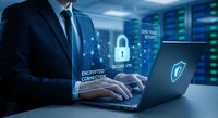 Professional businessman using secure laptop with cybersecurity interface displaying encrypted connection and VPN protection in modern data center environment.