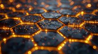 Glowing hexagonal grid with orange light outlining dark cells, creating futuristic technology network pattern on reflective surface.