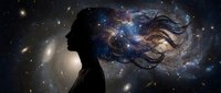 Woman silhouette with flowing hair transforming into cosmic galaxy with stars and nebula against deep space background for meditation concepts.