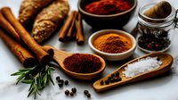 Aromatic spices and seasonings with cinnamon sticks, wooden spoons filled with paprika, curry powder, sea salt, black peppercorns, and fresh rosemary on gray surface.