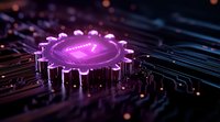 Glowing purple gear shape on electronic circuit board with futuristic lighting effects and metallic pins, representing artificial intelligence and technological innovation.