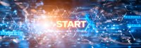 Digital technology network with glowing START text and hexagonal patterns representing business innovation, startup launch and technological advancement.