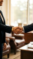 Two male professionals in dark business suits shake hands in a bright office setting with wooden furniture and windows, symbolizing agreement, partnership, and successful business deal closure.