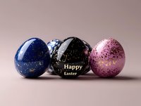 Luxurious Easter eggs in navy blue, black, and pink with gold speckles and Happy Easter text on elegant neutral background. Modern holiday celebration concept.