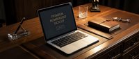 Laptop on elegant wooden desk displaying premium membership sign up screen, with glasses, notebook, and whiskey glass in moody office setting.