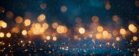 Glowing golden bokeh lights floating against dark blue background with sparkles and magical atmosphere, festive holiday panoramic backdrop.