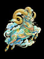 Ornate leaping ram with golden horns, floral motifs, and swirling clouds in teal and gold tones, isolated on transparent background, ready for stickers, sublimation, and t-shirt design.