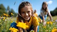 Young girl in yellow t-shirt smiling brightly while playing in summer meadow with wildflowers, capturing carefree childhood joy and natural outdoor lifestyle.