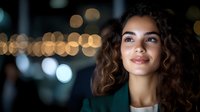 Young mixed race woman with curly hair smiling confidently against blurred bokeh lights background, wearing green blazer. Natural beauty portrait with soft evening lighting.