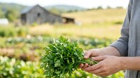 Farmer holding fresh green parsley harvest in hands with vegetable garden and rural farmhouse in blurred background, organic produce picking.