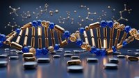 DNA double helix structure with golden and blue molecular components on reflective surface for scientific research and biotechnology applications.