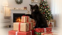 Black cat sitting on stack of wrapped gift boxes near fireplace with glowing fire, decorated tree, and garland during festive season celebration.