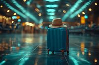 Blue hardshell suitcase with brown fedora hat standing in empty airport terminal with turquoise lighting and bokeh reflections on glossy floor.